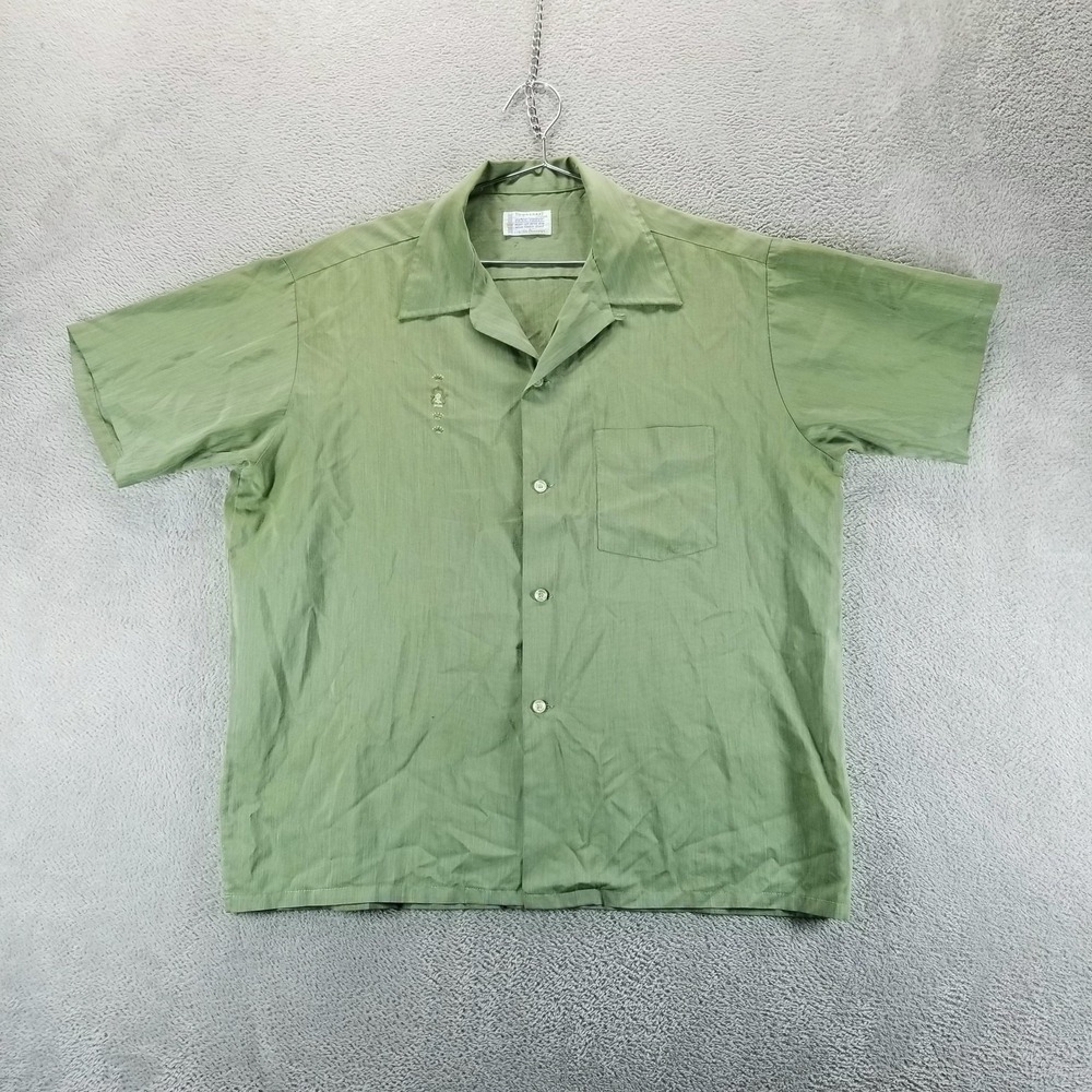 VTG TownCraft Shirt L Green Penn Prest Penneys Rayon 60s Loop Collar Camp